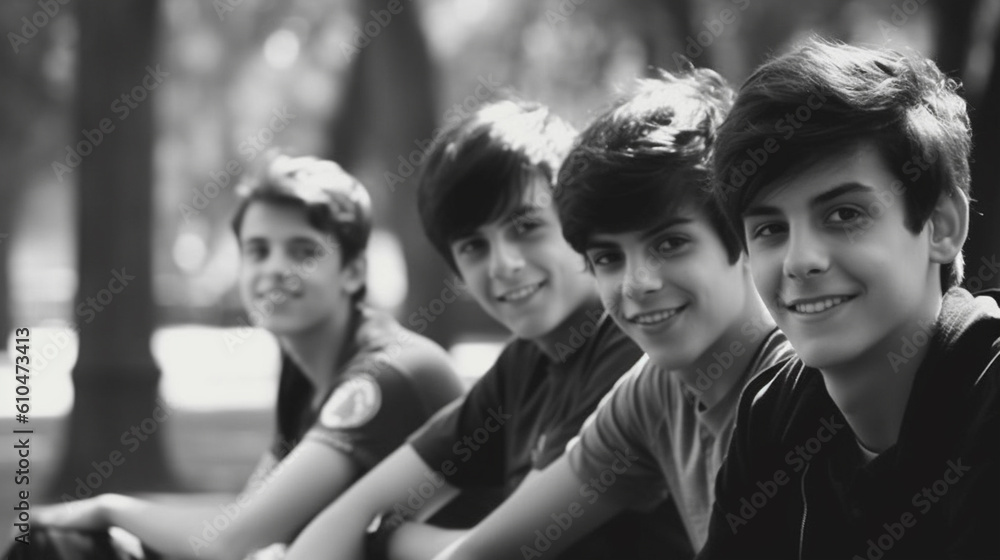 young teenagers, underage teenagers, outside in autumn clothes with hat and jacket, group or friends, classmates, schoolyard or fictional place