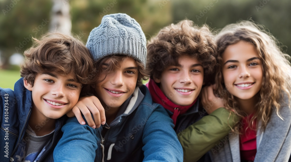 young teenagers, underage teenagers, outside in autumn clothes with hat and jacket, group or friends, classmates, schoolyard or fictional place