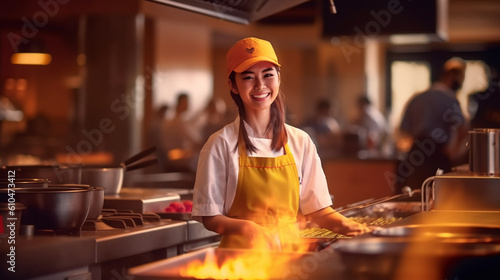 young adult woman wearing a cooking apron in a professional kitchen  cooking  restaurant or pub  job and work  working cooking