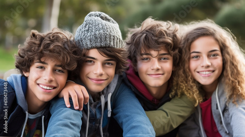 young teenagers, underage teenagers, outside in autumn clothes with hat and jacket, group or friends, classmates, schoolyard or fictional place