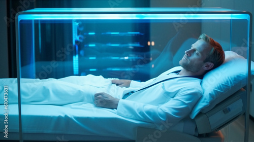 young adult man in a futuristic bed, hospital or spaceship, patient healing or coma or sleep, lights and fictional modern bed, lying or sleeping, in sleep photo