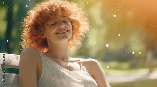 young adult blond caucasian woman with a smile, short red hair, summer dress, smiling, delighted shy introvert, lost in thought, flattered by the sun, outside in a city park or garden, sitting