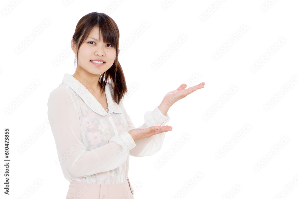 お知らせする若い女性 お知らせする若い女性