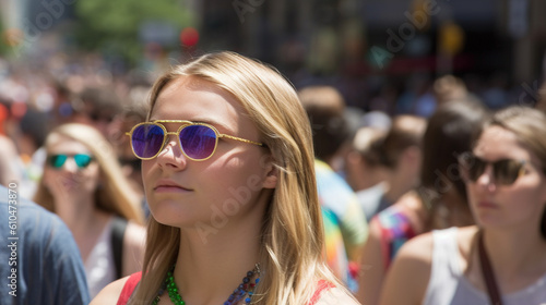 typical everyday life in the city, fictional place, masses of people cavort on a street, shopping or strolling through the city in their free time or at the weekend