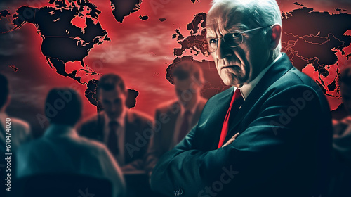 an all-important elite, conspiracy, conspiracy theory, abstract, in red tones with older gentlemen, men in suits and red ties in front of a world map, global influences photo