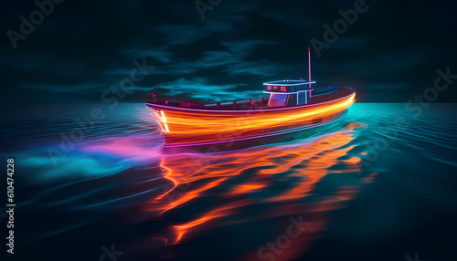 Neon lit boat on colourful vibrant ocean