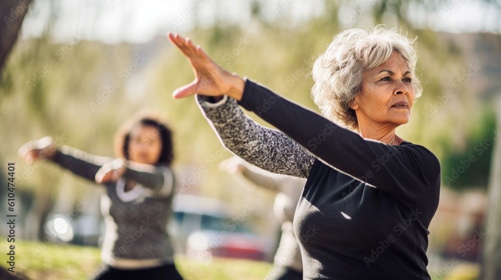 Naklejka premium middle-aged women with gray hair doing yoga and stretching in a park, outdoor fitness, outdoors exercising, fictional location