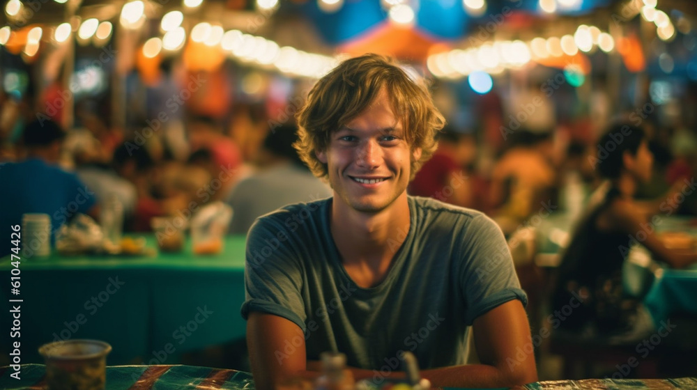 a young adult male at a table at a night market with street food and local restaurants in an asian country, fictional location