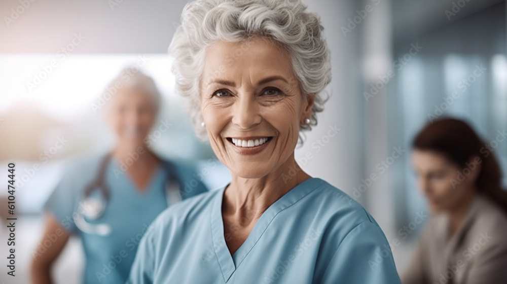 two gentle trained nurses in modern indoor nursing home or retirement home or hospital or health resort, fictional place