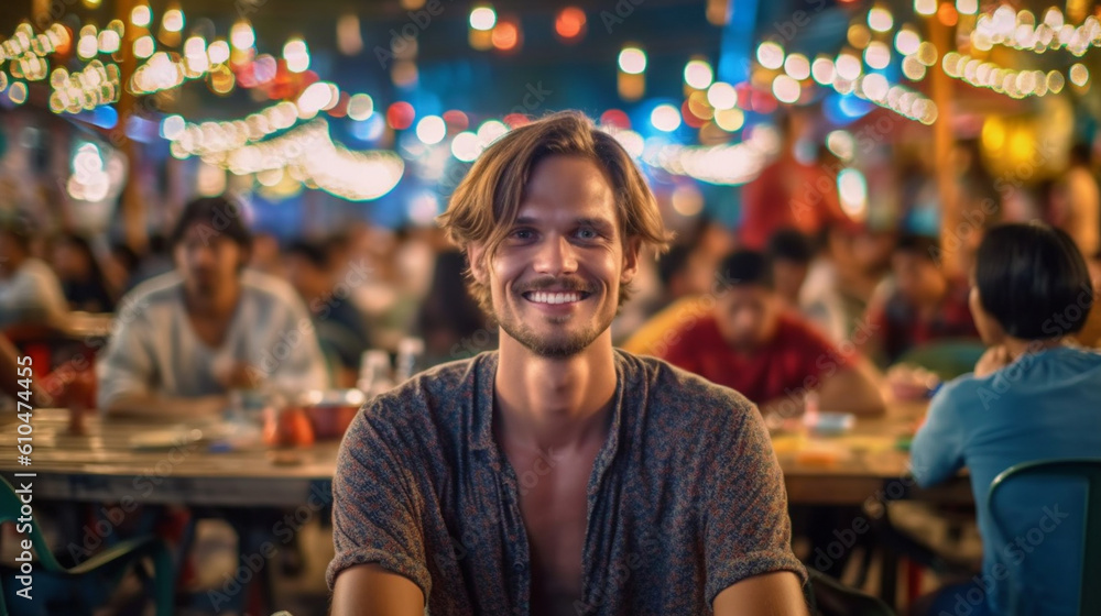 a young adult male at a table at a night market with street food and local restaurants in an asian country, fictional location