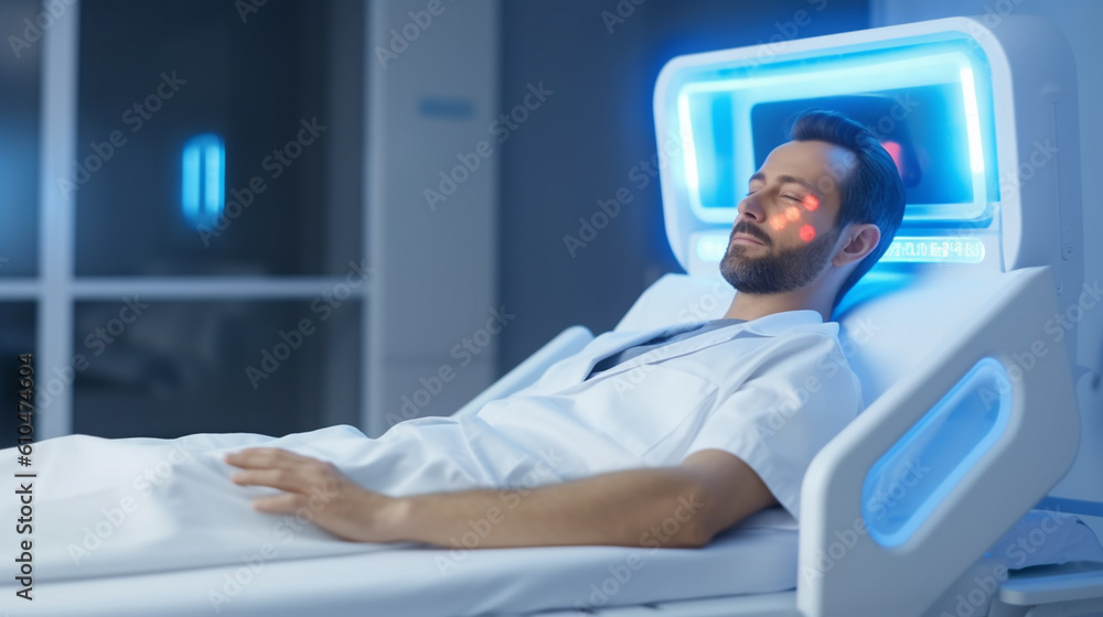 hospital or spa treatment, adult male with a beard and white hospital gown, shirt, in a hospital bed, with light blue glowing light and red lights, fictional hospital or spa treatment, adult male with a beard and white hospital gown, shirt, in a hospital bed, with light blue glowing light and red lights, fictional