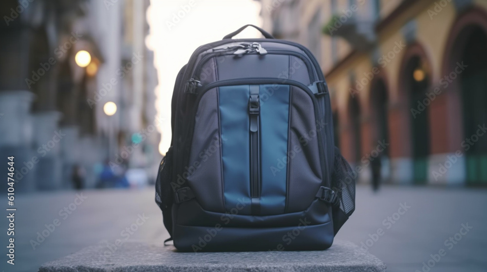 Obraz premium a small backpack stands in the middle of the street, side street between old buildings, fictitious place