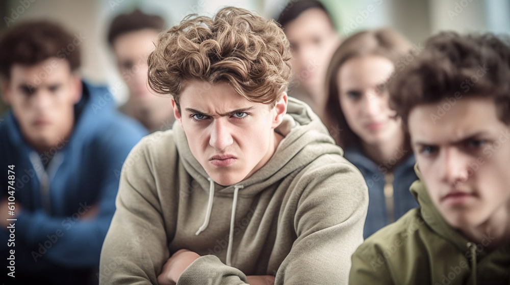 teenage girls and boys, bad mood anger and hate, upset and disappointed or arrogance or unfriendly loud behavior, teens with friends teenage girls and boys, bad mood anger and hate, upset and disappointed or arrogance or unfriendly loud behavior, teens with friends