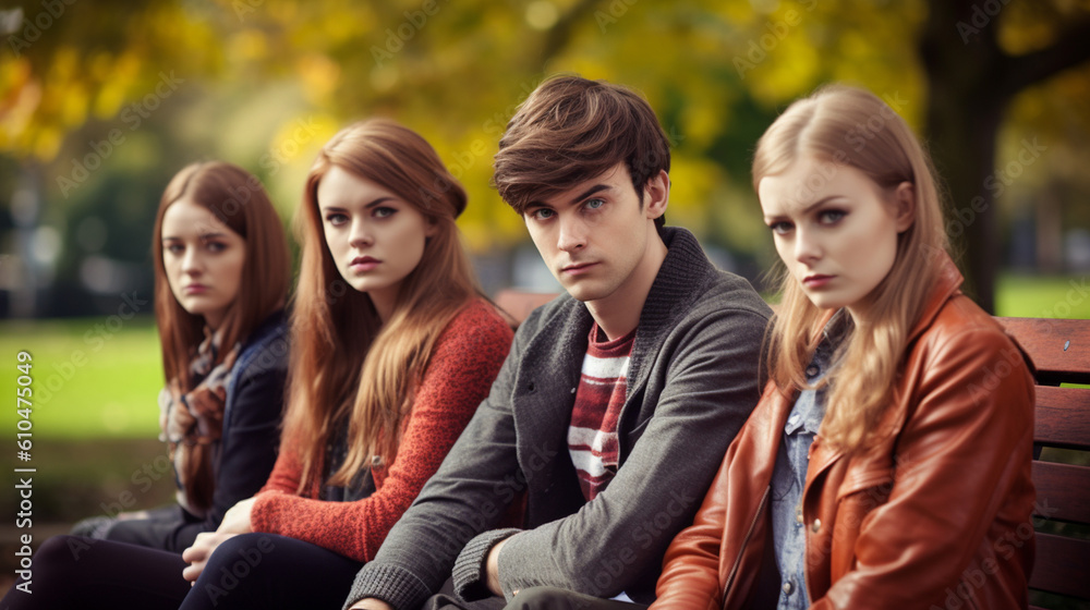 teenage girls and boys, bad mood or with fake emotions to show off, overdramatized behavior or arrogance or unfriendly loud behavior, teenagers with friends teenage girls and boys, bad mood or with fake emotions to show off, overdramatized behavior or arrogance or unfriendly loud behavior, teenagers with friends