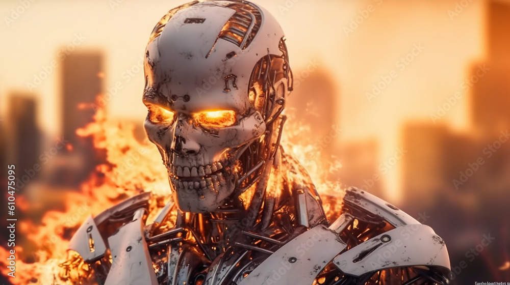 Fototapeta premium at war, robot humanoid android with artificial intelligence, fire and flames, suffering and destruction, war zone or end of the world and end of humanity or autonomous war weapon
