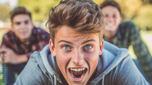 teenager boy with fake emotions to show off, overdramatized behavior or arrogance or unfriendly loud behavior, teenager with friends in the park sitting on a park bench