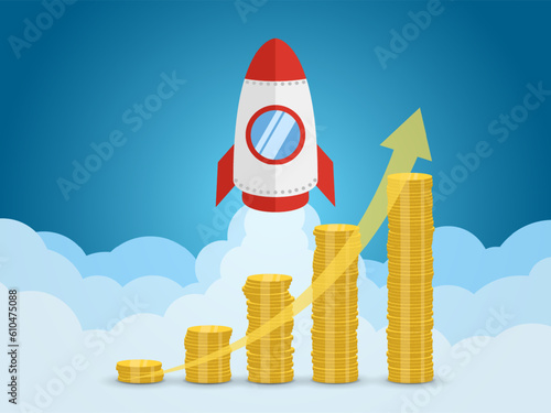 Rocket launches with stack of coins rising and arrow - concept of money growth and investment