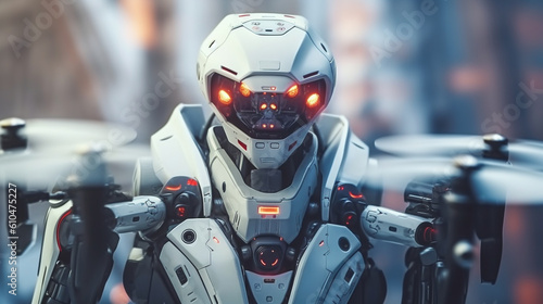 humanoid machine as a weapon, technology and artificial intelligence, drone technology, a drone and humanoid android as a robot, white exterior, fictional location