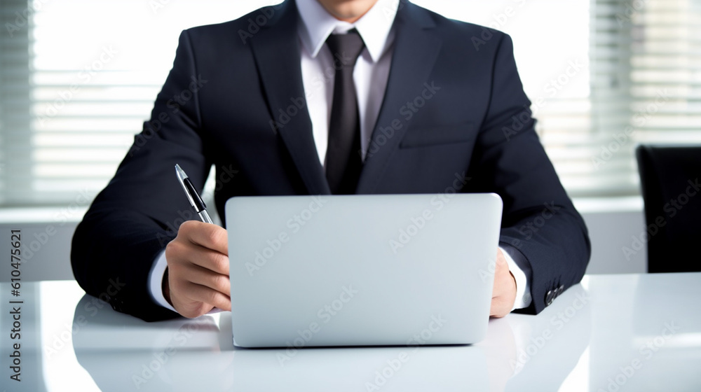 adult man in suit and white shirt with a pen and a laptop computer notebook on the screen, adult man in suit and white shirt with a pen and a laptop computer notebook on the screen,