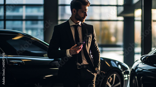 young adutl man in suit, 30s, using smartphone cellphone stands in front of a black sports car or sedan, luxury and luxurious, successful businessman or wealthy rich, in a city, fictional location photo