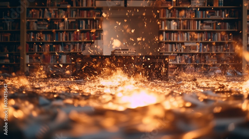 burning library or books, fire and flames, destroy and burn or fire by willful arson photo