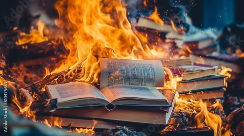 burning library or books, fire and flames, destroy and burn or fire by willful arson photo