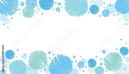 クレヨンサークルと水玉模様の横長背景 バナー フレーム /上下柄・水色