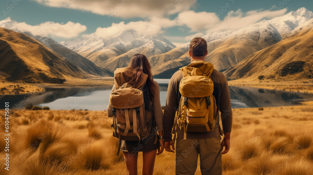 young adult woman and man with backpack hiking in summer nature in ...