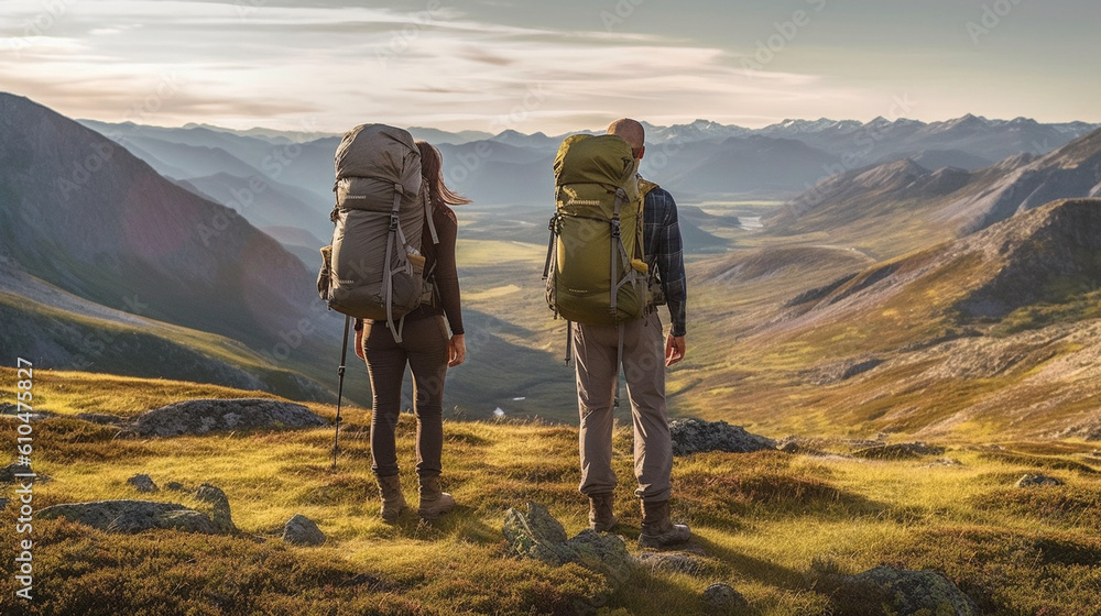 young adult woman and man with backpack hiking in summer nature in rural area with flat mountains and hills, meadow on dirt trail, trekking and camping in nature