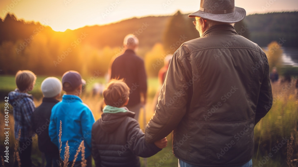 old man, senior with grandchildren and family in nature on a meadow in the countryside, near a small town or village, at sunset with four small children