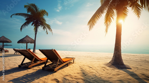 sun loungers and sun chairs with umbrella on the sandy beach overlooking the sea, water and beach, fictional place, lonely and empty, untouched nature