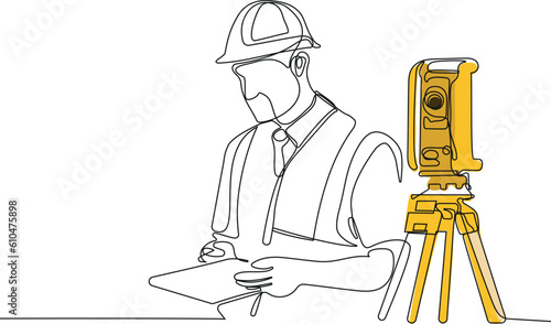 Close up of Caucasian worker with helmet on head using tablet for work while standing in warehouse. Surveyor with a tripod icon. Geodesic tripod. Vector illustration