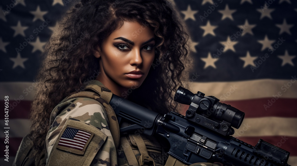 american soldier with machine gun stands in front of the american flag, flag usa, america, american, soldier weapon, a woman american soldier with machine gun stands in front of the american flag, flag usa, america, american, soldier weapon, a woman