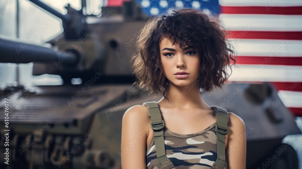 Fototapeta premium american soldier with machine gun stands in front of the american flag, flag usa, america, american, soldier weapon, a woman