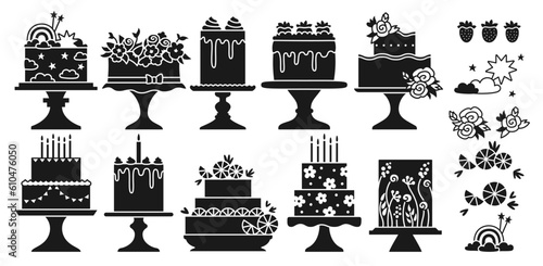 Birthday and wedding cakes celebration desserts stamp set. Party delicious cupcake sweet bakery collection. Holiday decoration tasty cake, anniversary invitation card, etching brand vector design