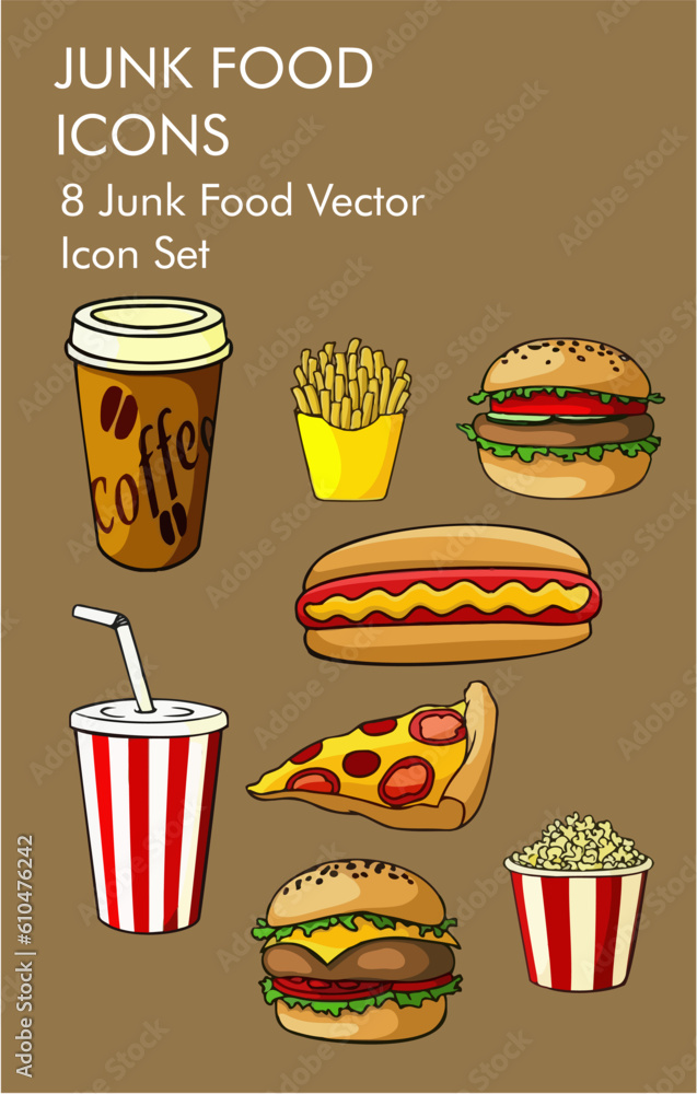8 Junk food vector icon set