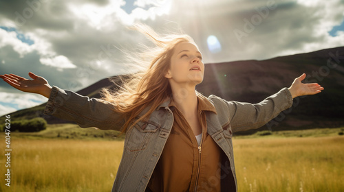 young adult woman with outstretched arms and open hands, mountains, fictional place