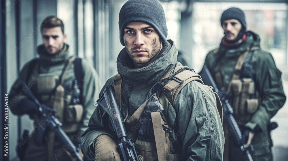 Fototapeta premium squad of soldiers in uniform with machine guns, men, fictional, resistance fighters or rebels of a rebellion or uprising or radical
