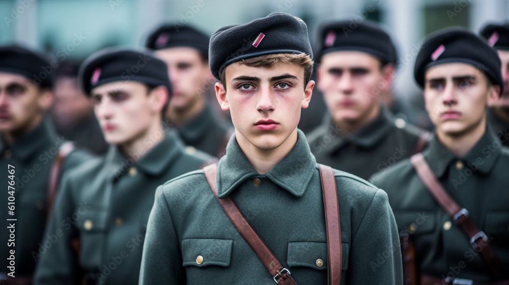 young men or teenagers are a squad of soldiers, are drafted, fictitious young men or teenagers are a squad of soldiers, are drafted, fictitious