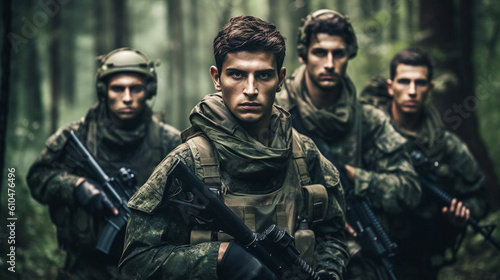 Squad of soldiers, soldiers in uniform with machine guns, group in the forest, use and mission in the war