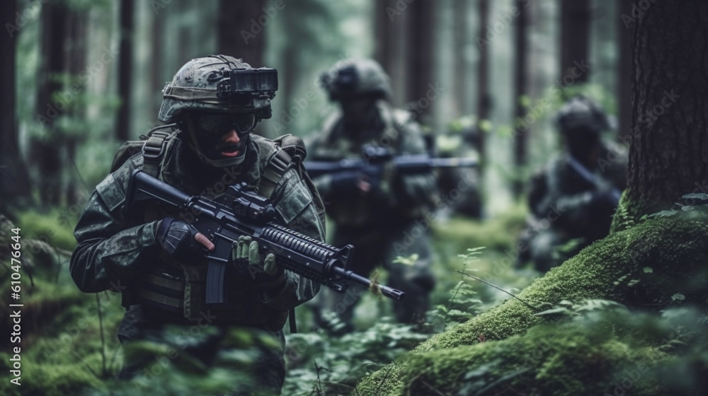 Soldiers of a fictitious military in green camouflage clothing as a uniform, in a wooded area, Europe European, machine guns, stealthily take cover, behind trees in a wood, troop of soldiers