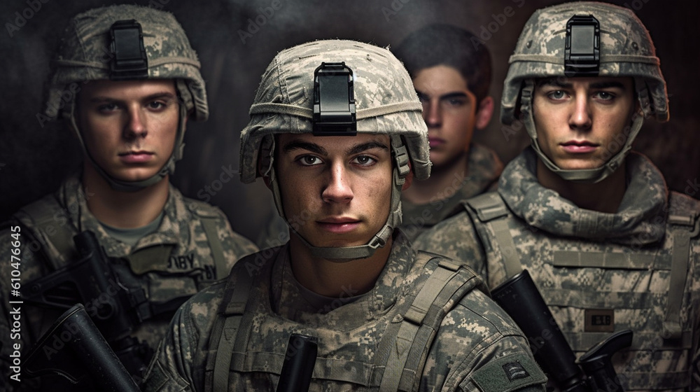 squad of soldiers in uniform with helmets and machine guns, men squad of soldiers in uniform with helmets and machine guns, men