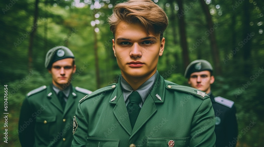 Fototapeta premium mercenaries or soldiers or park rangers in green uniform, fictional place