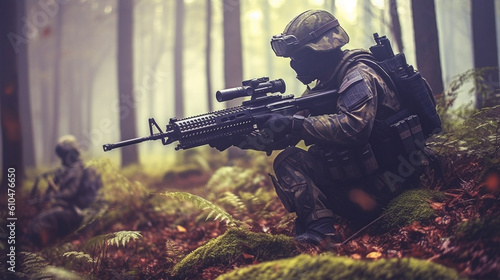 Soldiers of a fictitious military in green camouflage clothing as a uniform, in a wooded area, Europe European, machine guns, stealthily take cover, behind trees in a wood, troop of soldiers