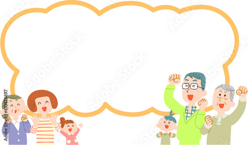 男女で向き合った楽しそうな三世代家族の上半身と吹き出し
