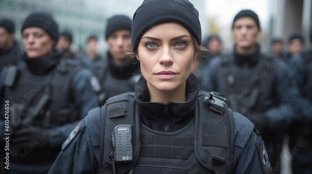 Fototapeta premium police officers in full gear and uniform with safety protective gear and bulletproof vests in a team and squad than a dozen police officers, in a city on a street