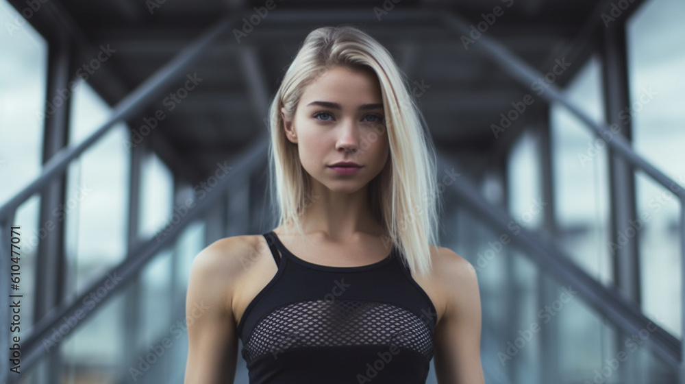 Fototapeta premium Young adult woman wearing sportswear, tank top, summery, slim attractive beautiful woman, fitness and jogging, walking, athletic, 20s, 30s,