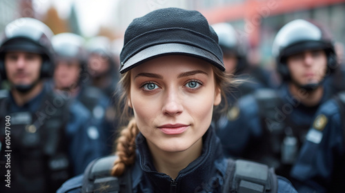 police officers in full gear and uniform with safety protective gear and bulletproof vests in a team and squad than a dozen police officers, in a city on a street © wetzkaz
