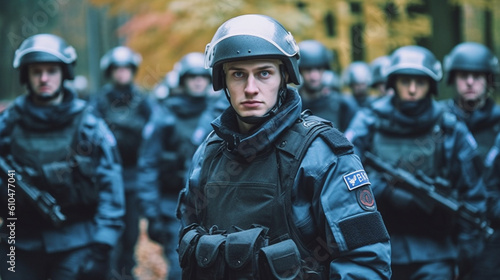 police officers in full gear and uniform with safety protective gear and bulletproof vests in a team and squad than a dozen police officers, in a wooded area
