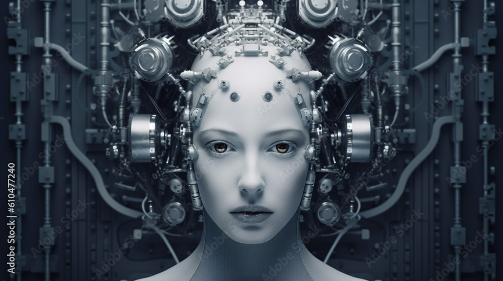 robot with artificial intelligence or cyborg as transhumanism, white skin